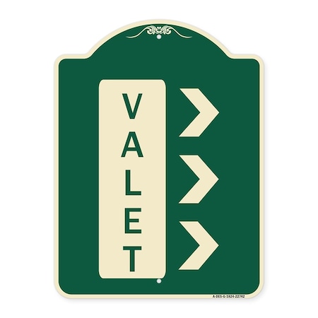Signmission Designer Series Valet Right Arrow, Green & Tan Heavy-Gauge Aluminum Sign, 24" x 18", G-1824-22742 A-DES-G-1824-22742
